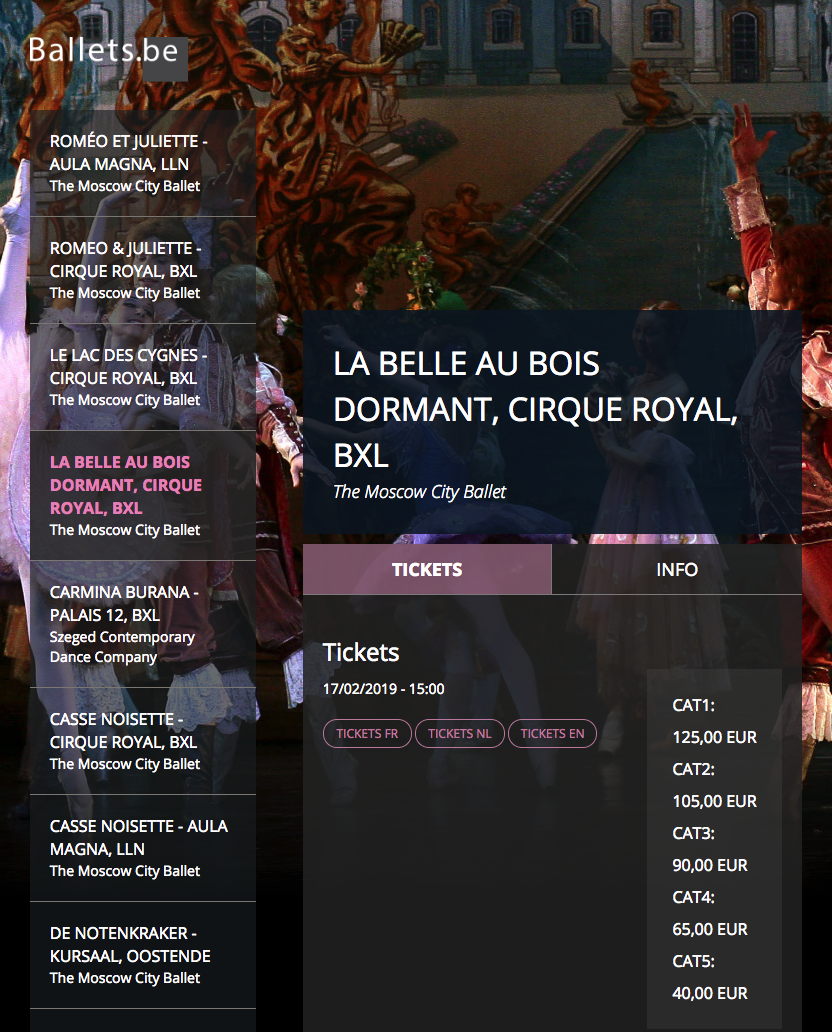 Le 15 => Romeo & Juliette | le 16 => Zwanenmeer (Le lac des cygnes) | le 17 => Doornroosje (La belle au bois dormant).